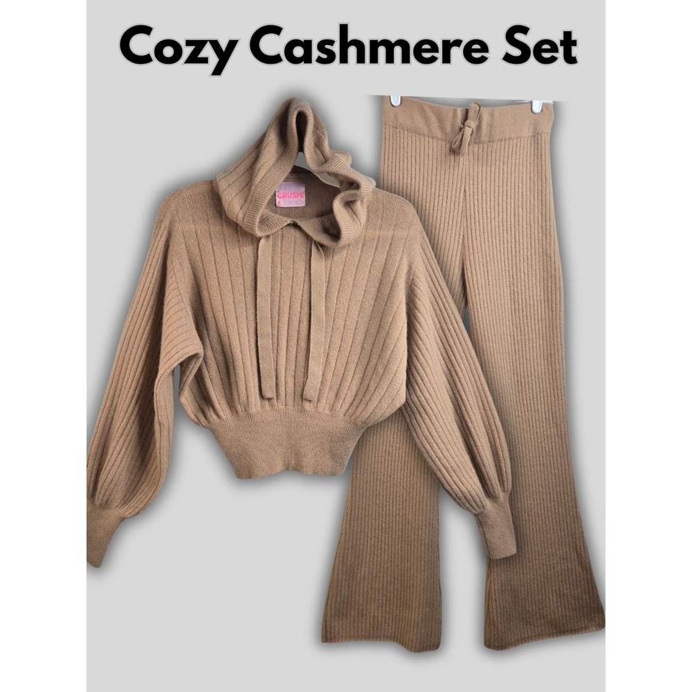 100% Cashmere Set Hoodie Sweater Flare Pants S Ribbed Tan Loungewear Cozy Luxury